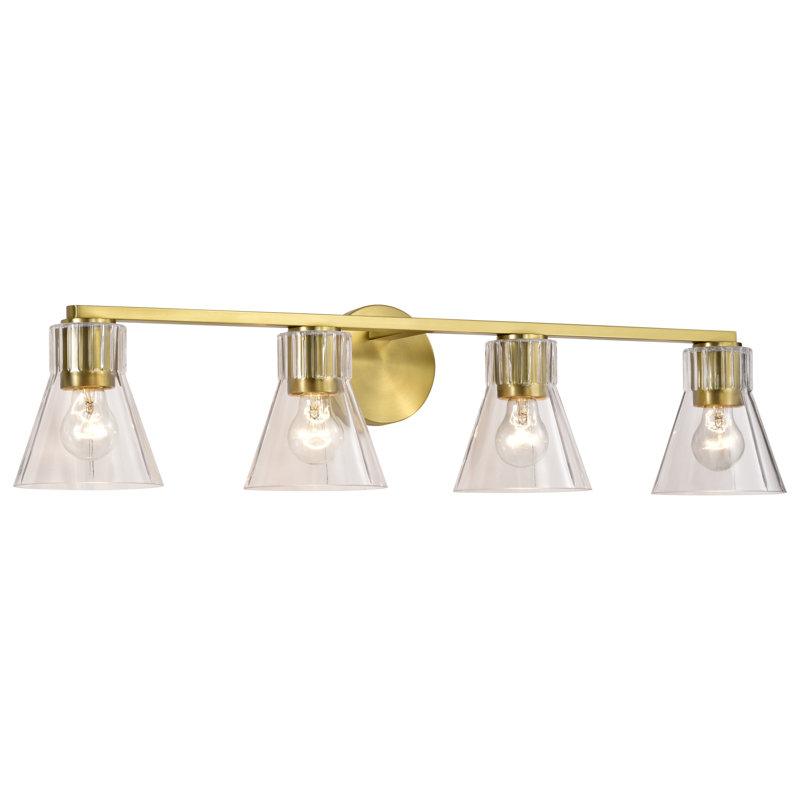 Spruill - coiffeuse - verre transparent, 33,25 po de largeur, Laiton rétro, Quatre lumières