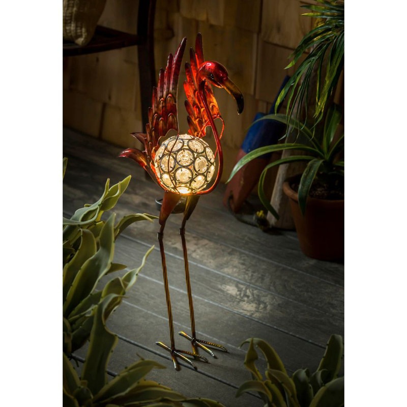Statue de jardin flamant rose en métal solaire Jaron
