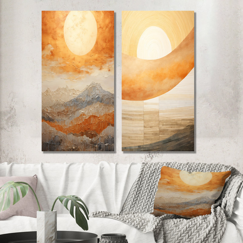 Ensemble de 3 reproductions d'art géométriques or et coucher de soleil, H 28 po x l 24 po