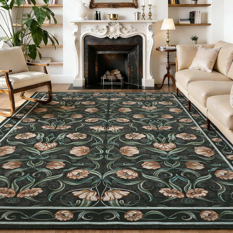 Area Rug, Floral Washable Rugs, Modern Style, Non-Slip Low-Pile Soft Floor Carpet for Bedroom, Living Room, Dining Room