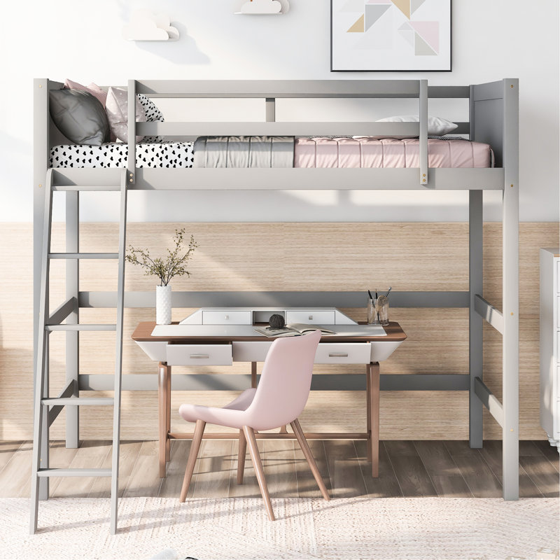 Lit mezzanine simple en bois massif avec structure en bois gris, sans sommier tapissier, Grey