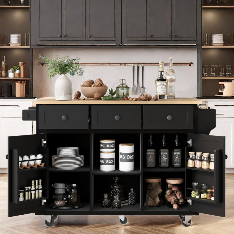 Îlot de cuisine avec comptoir rabattable, 5 roulettes, armoire de rangement, tablettes ouvertes et 3 tiroirs