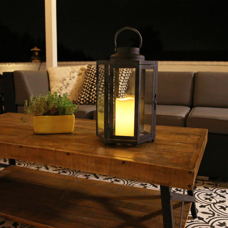 Hexagonal Battery-Operated Metal Lantern With Led Lights, 14" H x 9" W x 9" D