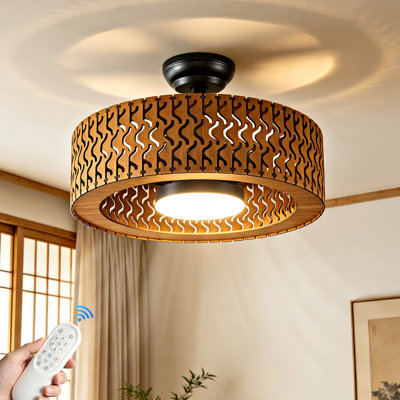 Farmhouse 19.68" Ceiling Fan Light with Remote, Wood Caged LED Fandelier Dimmable, Reversible Blades