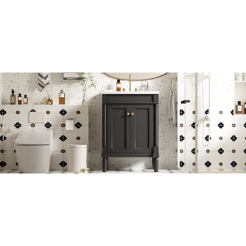 Meuble-lavabo 24 po avec lavabo supérieur, armoire de rangement à 2 niveaux, Noir / or 