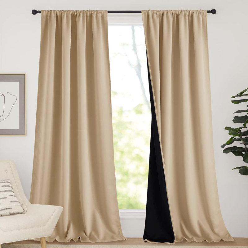 100% Blackout Curtains for Living Room, Privacy Protection & Noise Reducing Drapes, Black Lined Rod Pocket Window Treatment Curtain Panels, Set of 2