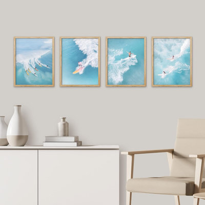 " SIGNLEADER Framed Ocean Nautical Landscape Wall Art, Set Of 4 Surfing Surfboard Aerial View Wall Decor Prints, Nature Wilderness Wall Decor For Living Room, Bedroom " 4 - Pieces