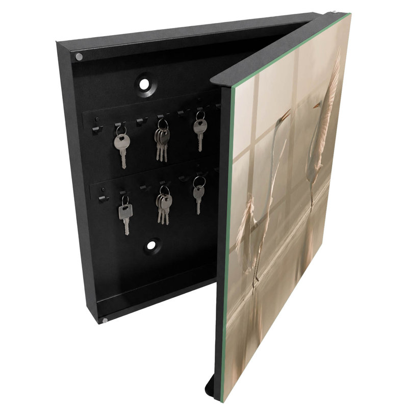 Key box for wall, Opens to the left, 30x30x5, Black, Exotic birds in dancing harmony, 