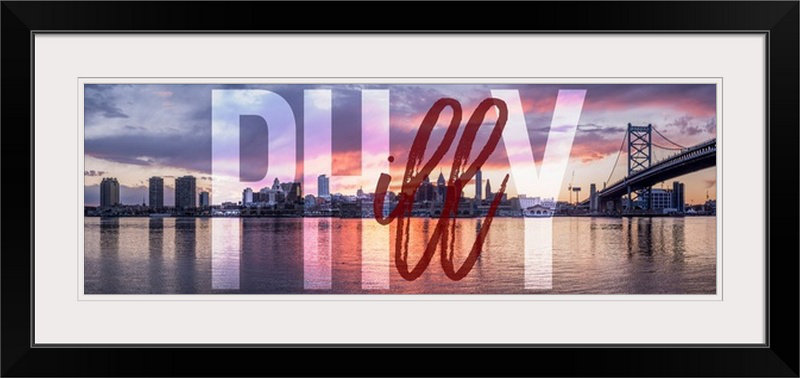 « philadelphia horizon, philly, superposition transparente », impression, H 20 po x l 44 po x P 1 po, Cadre noir