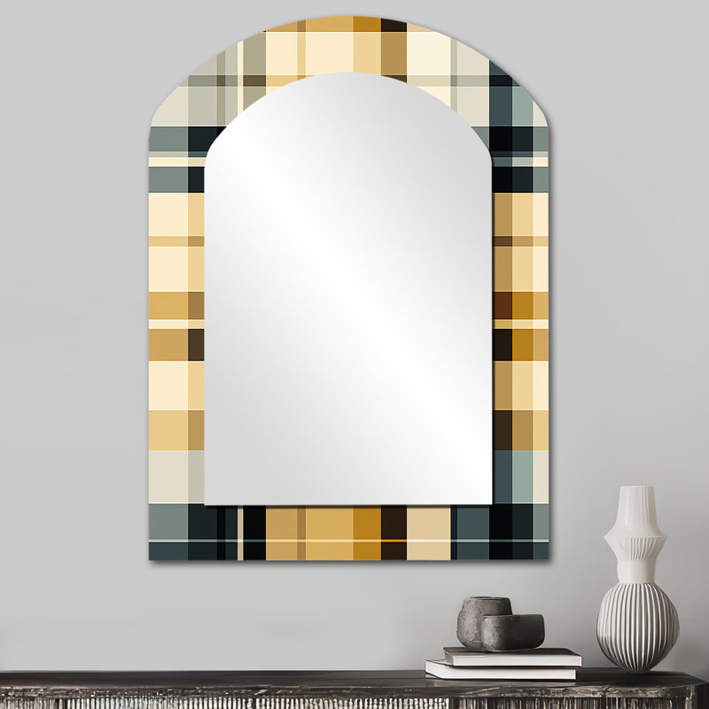 Noir et crème à carreaux sophistiqués - Grand miroir mural arqué sur métal, 34 po x 25 po