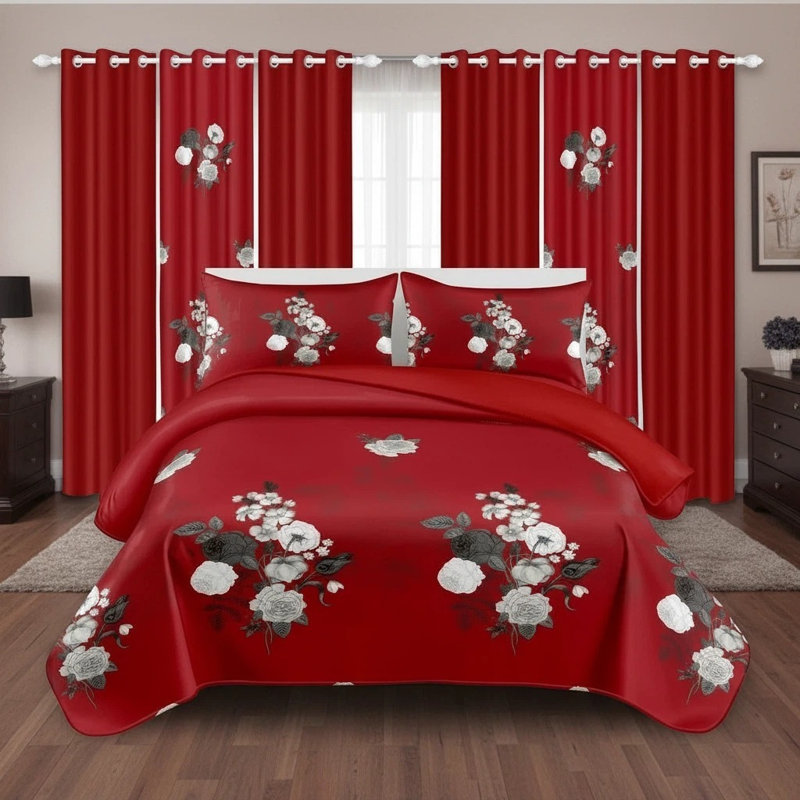 Lit complet géométrique rouge et noir 9 pièces dans un sac: couvre-lit matelassé hydrofuge, 2 taies décoratives et 6 panneaux de rideaux à œillets filtrant la lumière - Ensemble de couvre-lit transitionnel