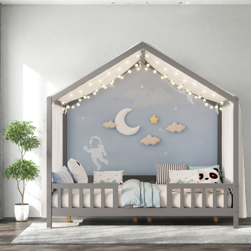 Lits de plancher en bois durable avec auvent pour enfants, style moderne gris, retraite de chambre confortable