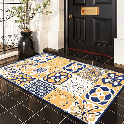  Paillasson antidérapant pour intérieur et extérieur, carrelage floral méditerranéen, 16 po x 24 po