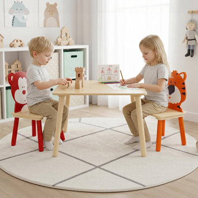 3-Piece Kids Wooden Table and Chair Set, Bear & Tiger Cartoon Toddler Activity Table with 2 Chairs for Playroom Nursery