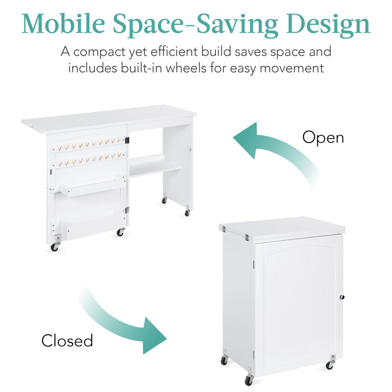 Espresso Compact Folding Sewing Table with Storage and Wheels