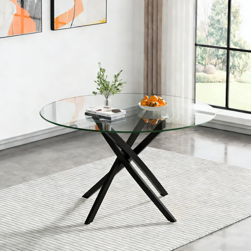 Modern 47" Round Dining Table for 4 6 People, Glass Kitchen Dining Room Table with Metal Cross Legs, Space Saving Circle Dinner Tables for Dining Room, Kitchen, Living Room