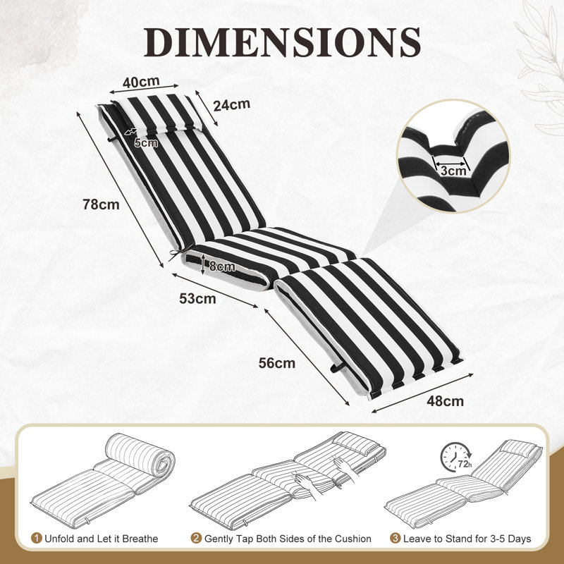 Water-Resistant Sun Lounger Cushions for Garden, 48x187x8 cm, Black Stripe