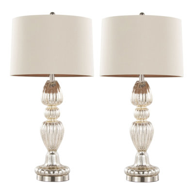 Lampe de table 30 po en verre mercure avec nickel brossé et abat-jour en lin naturel, ensemble de 2