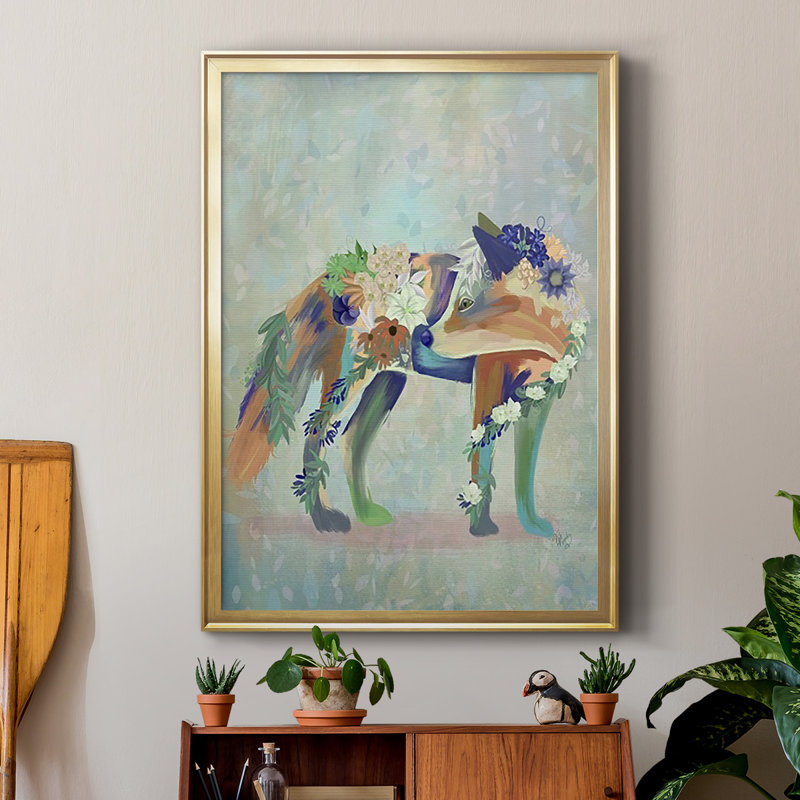 «Fantastic Florals Fox», reproduction encadrée de qualité supérieure - prête à être accrochée, Or