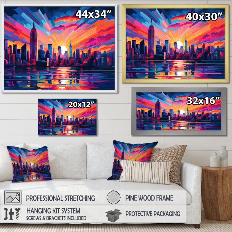 New York, art mural pour le salon New York, H 16 po x l 32 po x P 1 po, Cadre doré simple