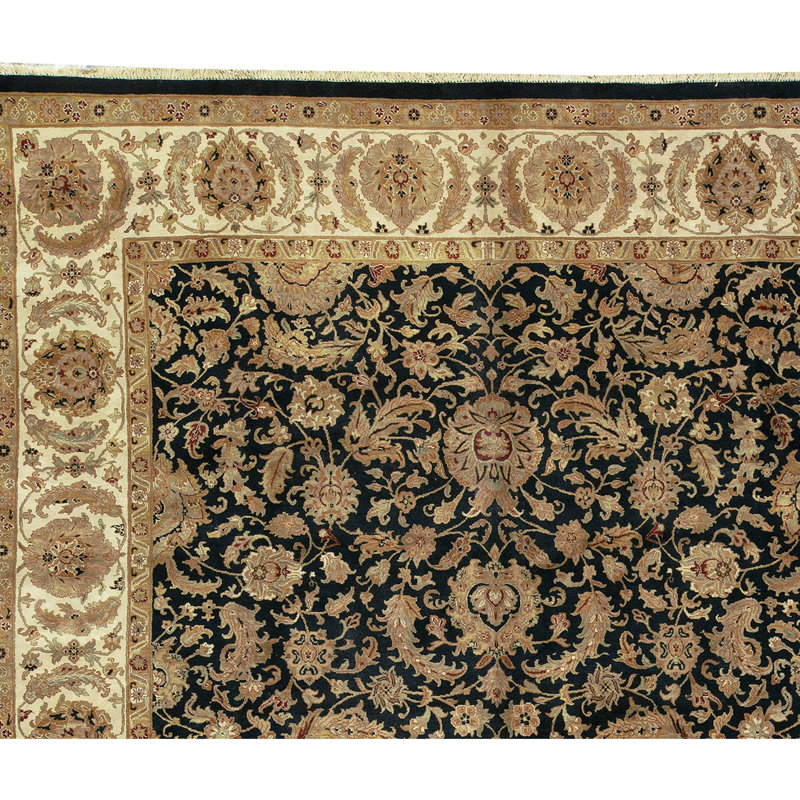 Tapis noir et ivoire de haute qualité noué à la main
