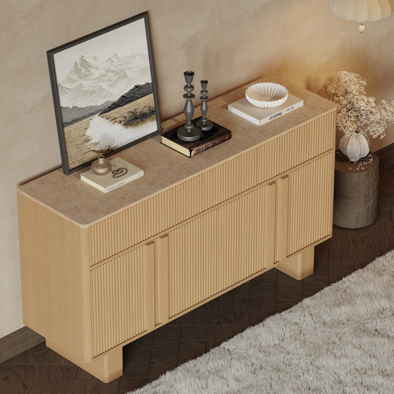 Fluted Buffet Cabinet with 3 Doors & 3 Drawers, 47” Wide Modern Sideboard with Faux Marble Top, Rounded Corners, Storage for Dining Room, Living Room, Hallway
