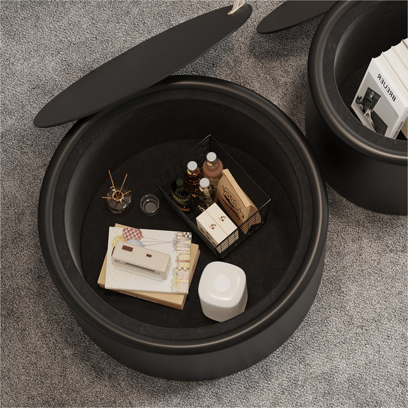 Table basse ronde en verre trempé noir foncé, décor moderne avec rangement dissimulé pour le salon