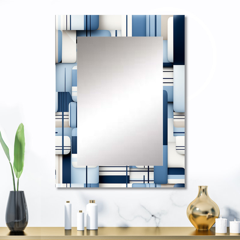 Hassane White And Blue Geometric Blocks Harmony - Geometric  Mirror, Modern Unique Wall Mirror, Printed Metal Art, 32" x 24"