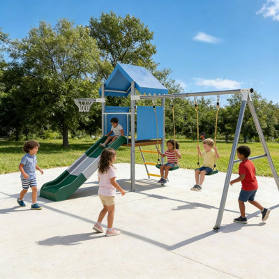 Ensemble de jeu en métal pour la cour arrière avec balançoires simples, glissade et panier de basketball