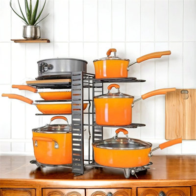 8-tier Upgraded Pot Organizer Rack – Pots & Pans + Lid Holder For Kitchen Cabinet, Adjustable Layer Spacing, No-drill Installation