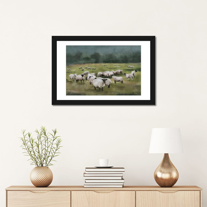 Moody Sheepscape, Black Open Corner Framed Paper, White, 16" H x 24" W x 1" D