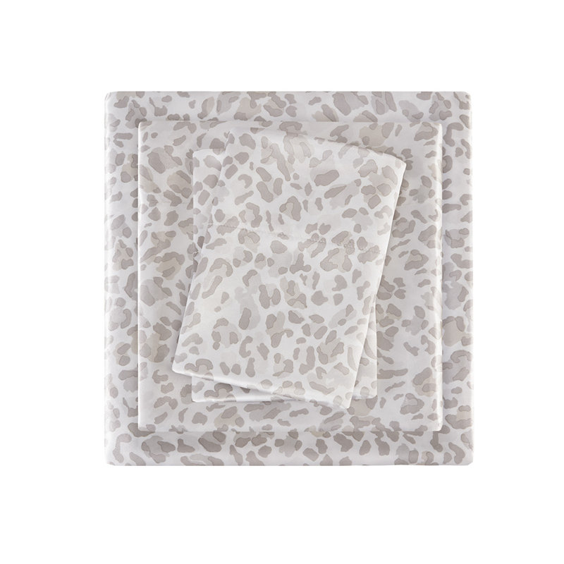 Ensemble de draps en satin Grinkie Mills, Imprimé animal gris, Ensemble de draps pour lit grand avec un drap-hous