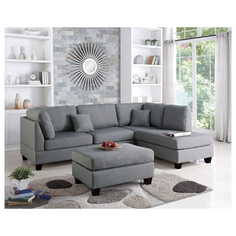 Ensemble de canapé modulaire réversible gris avec méridienne en L et accoudoirs coussinés