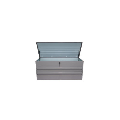 Coffre de terrasse 72,83 po en métal, rangement de patio imperméable 260 gallons avec couvercle verrouillable et sièges supplémentaires pour la cour arrière, gris clair
