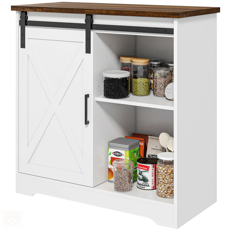 Farmhouse Coffee Bar Cabinet, Buffet Sideboard with Sliding Barn Door and Adjustable Shelf, Kitchen Buffet Cabinet, White