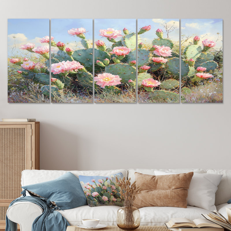 Cactus jardin en fleurs I - Art mural floral cactus - Art mural traditionnel sur toile, H 32 po x l 80 po, 5