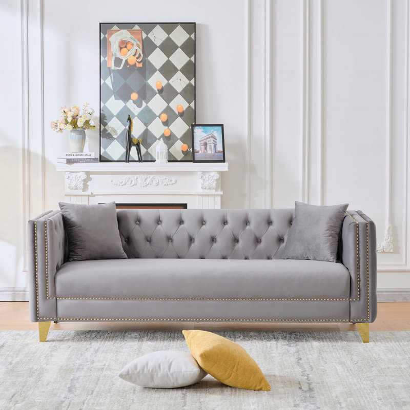 Canapé en velours Chesterfield de 80 po, canapé 3 places très profond, canapé de style moderne avec têtes de clou à boutons, accoudoirs carrés, meubles
