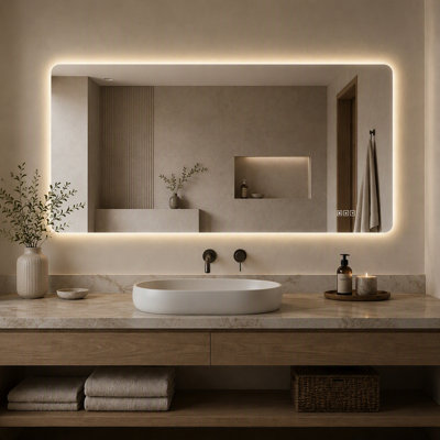 48 x 24 Inch Rounded Rectangle Backlit LED Bathroom Vanity Mirror, 3-Color Stepless Dimmable Light with Anti-Fog & Memory Function, Horizontal or Vertical Wall Mount, Hardwired & Plug-in Dual Power Supply