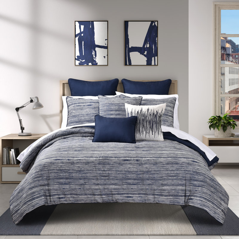 Dalton 3 pièces Ensemble d'édredon bleu marine, Édredon double + 2 taies décoratives standards