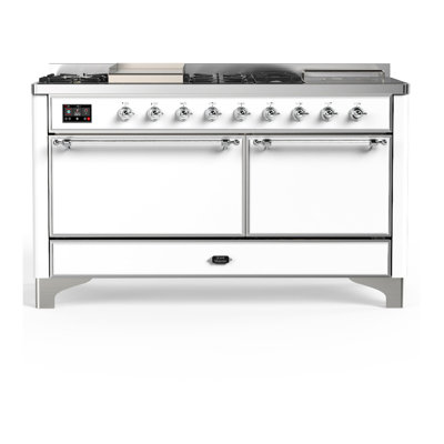 Cuisinière à carburant double de 60 pouces avec 7 brûleurs scellés, plaque chauffante et plateau français en blanc Majestic III Series (gaz naturel, garniture chromée)