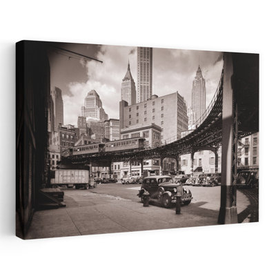 Années 1930, centre-ville, quartier des affaires, courbe, Troisième Avenue, train surélevé à Coenties, New York City, États-Unis