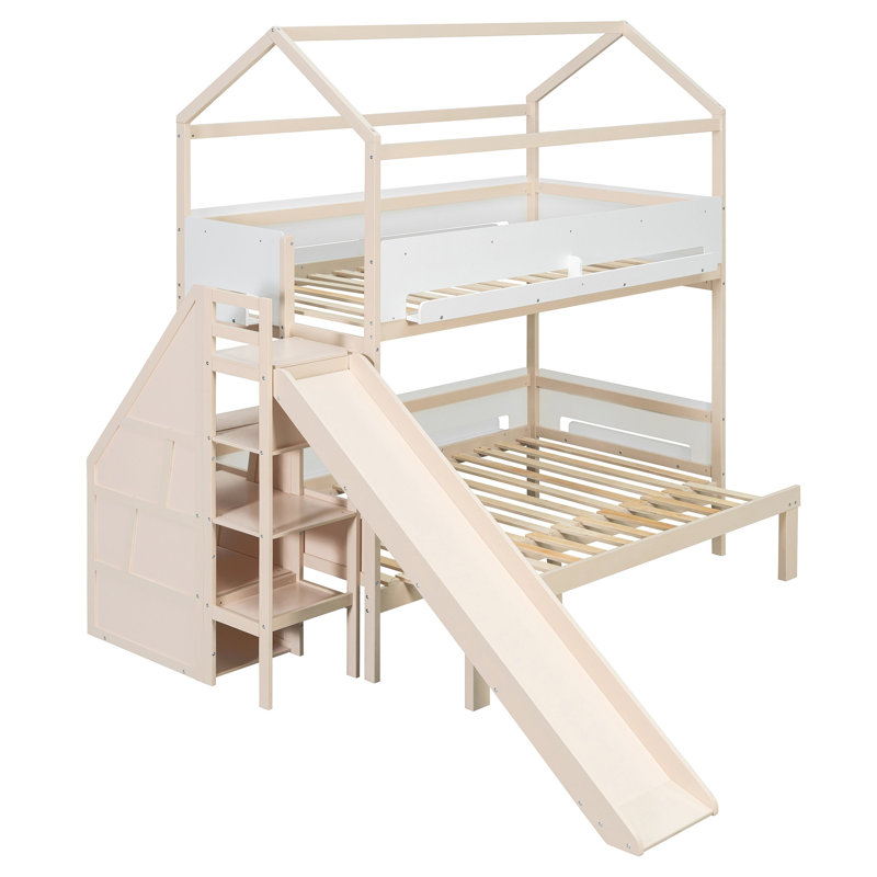 Lit superposé en bois en forme de maison avec glissière et escalier de rangement, cadre de lit simple / simple / double, beige et blanc