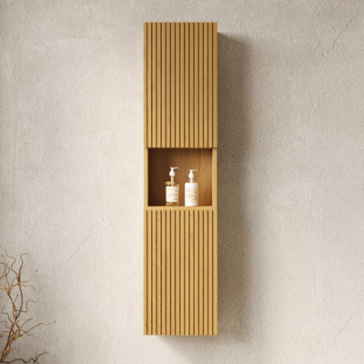 Narrow Bathroom Cabinet 59" Tall - With Doors And Shelves In Oak For Decorative Purpose Storage