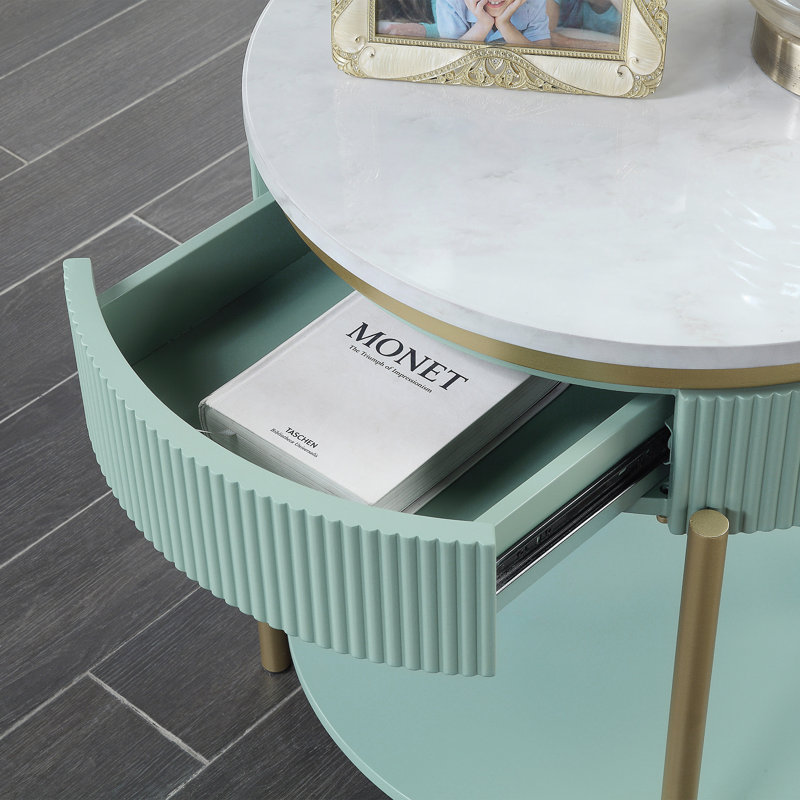 Table de bout avec rangement Bembry, Bleu sarcelle clair / doré