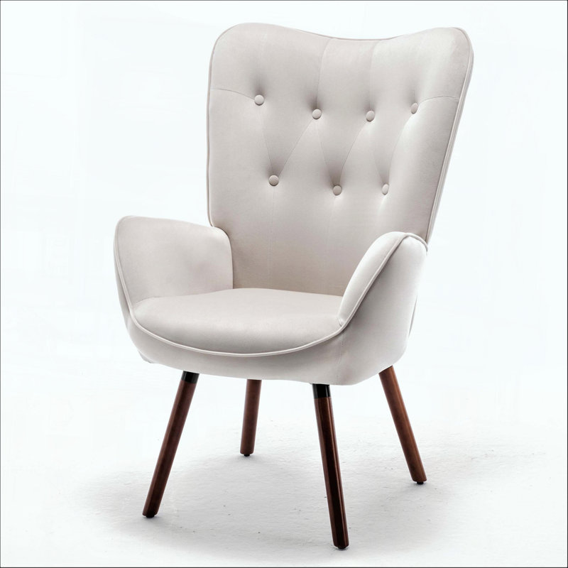 Fauteuil à oreilles Mid-Century moderne capitonné, Ivory