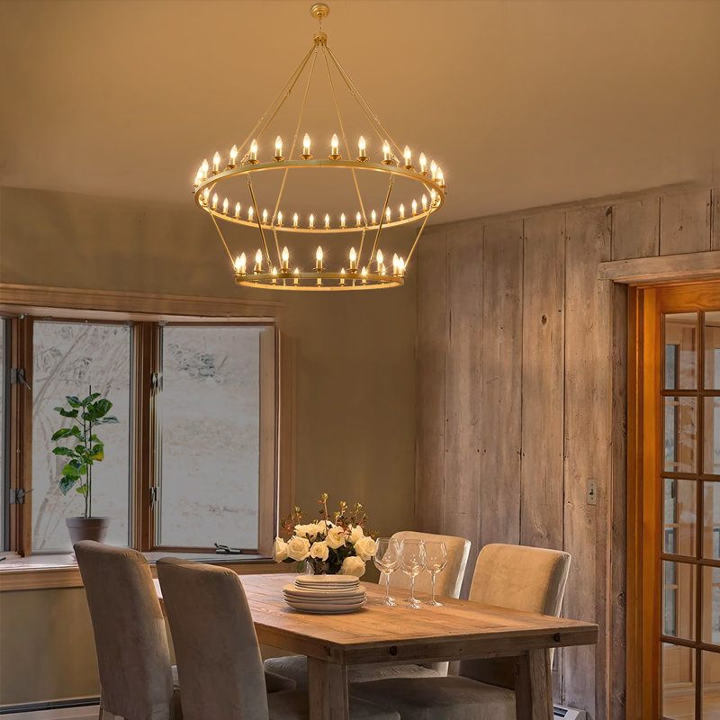 Daquez 54-light Dimmable Wagon Wheel Chandelier, Gold, 67.5" H x 60" W x 60" D