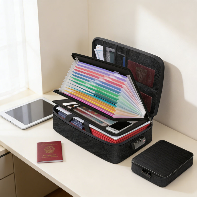 Fireproof Document Box 14.2''×10.6''×4'' Black Waterproof Document Organiser 13 Expanding Pockets With Lock