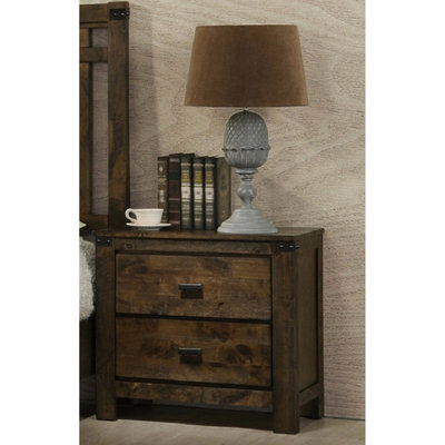 Solid Wood Bedroom Nightstand - Rustic Brown With Sleek Metal Handles And Joinery For Contemporary End Table 2 Drawers In
