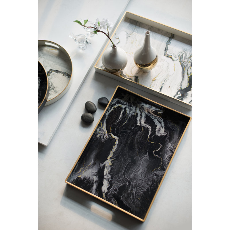 Ensemble de 2 plateaux en plastique avec motifs marbrés noirs et rebords dorés, plateaux gigognes décoratifs pour le service