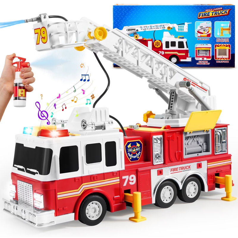 Jouets de camion de pompiers pour tout-petits avec échelle de 33 pouces, lumières et pompe de gicleurs